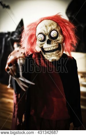 Boy Dressed Up For A Halloween Party With A Black Tunic And A Terrifying Skeleton Mask With Googly B