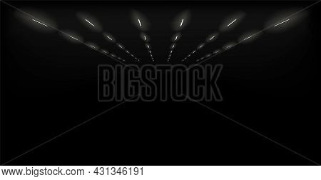 Underground Garage Lights Perspective Background. Metro Station, Industrial Hall Light. Car Park Han