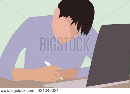 Young Man Student With Laptop. Learning Online Vector