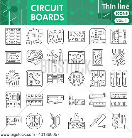 Printed Circuit Board Line Icon Set, Micro Chip Symbols Collection Or Sketches. Pcb Thin Line With H