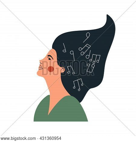 Musical Woman With Notes In Her Head. Female Person Create Musical Composition In Her Mind. Girls Mu