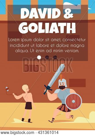 David And Goliath Card Template On Topic Of Bible, Flat Vector Illustration.