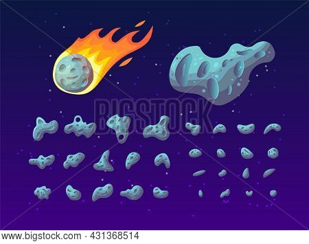 Set Of Colorful Asteroids Of Different Shapes, Textures And Size. Cartoon Vector Illustration. Meteo