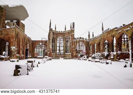 Coventry, Uk - December 10, 2017: Coventry City Under Snow, Famous Place In City Coventry Cathedral