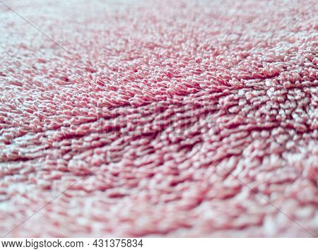 Macroshot Texture Of Red Terry Cloth With Copy Space. Selective Focus Surface Of Fuzzy Towel. Things