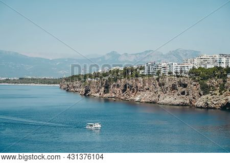 View Of Antalya Turkey And The Mediterranean Sea. Panorama Of Antalya In Summer Sunny Weather. Turki