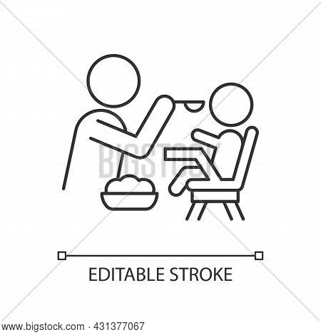Feeding In Highchair Linear Icon. Helping Baby Eating. Bonding With Child During Mealtime. Thin Line