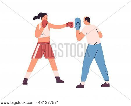 Person Boxing, Training To Punch. Woman Hitting Handheld Pad With Fist In Glove At Box Workout With 