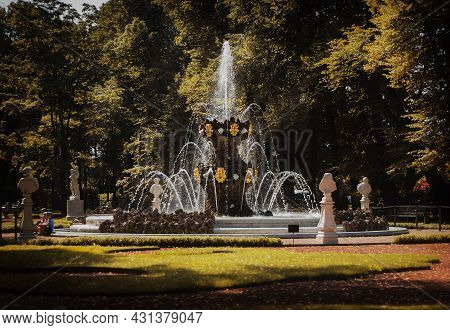 Saint Petersburg, Russia, July 2021: Crown Fountain In The Summer Garden Of St. Petersburg.