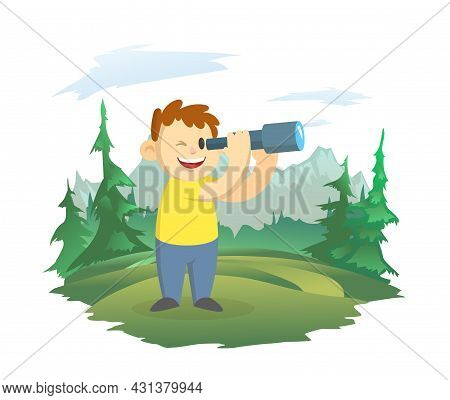 A Happy Boy Looks Through A Telescope. A Boy Scout On The Background Of A Mountain Landscape. Observ