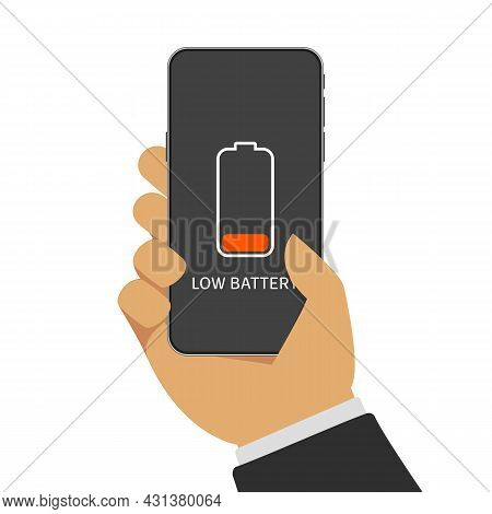 Hand Holding Smartphone With Low Battery On Screen. Illustration Of Low Battery Notification On Mobi
