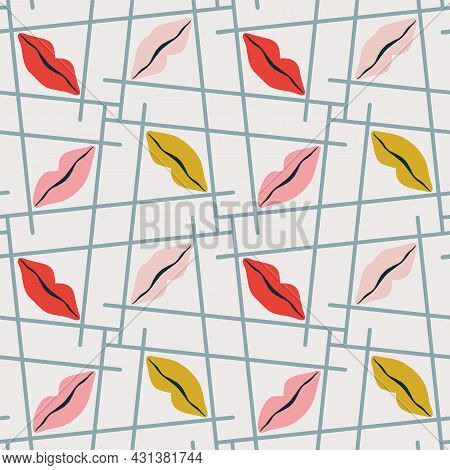 Vector Abstract Grid Texture With Stylized Leaves Seamless Pattern