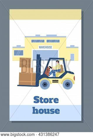 Store House Or Warehouse Services Banner Or Card Cartoon Vector Illustration.