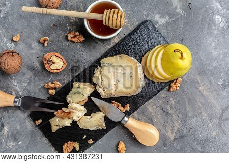 French Blue Cheese Roquefort, Made From Sheep Milk With Walnuts Honey And Pear. Banner, Menu, Recipe