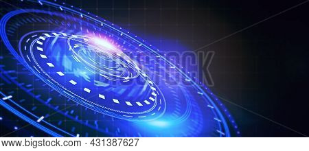 Abstract Round Digital Blue Interface On Dark Grid Background With Mock Up Place. Hud, Innovation, D