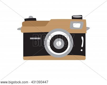 Illustration Of An Old Vintage Non-interchangeable Lens Camera In Black And Brown.