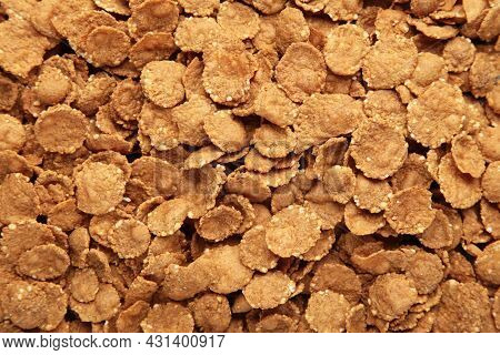 Corn-flakes Background And Texture, Cornflake Cereal Box For Morning Breakfast. Top View