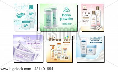 Baby Cosmetics Promotional Posters Set Vector. Shampoo And Gel, Lotion And Cream, Wet Wipes And Powd