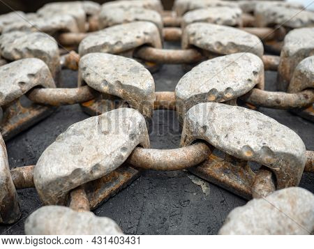 Machinerydetail, Chain Wheel Of Heavy Bulldozer Or Excavator In Open Gravel Quarry.  Industrial Truc