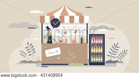 Concession Stand With Fast Food, Snacks And Drinks Store Tiny Person Concept. Retail Tent With Bever