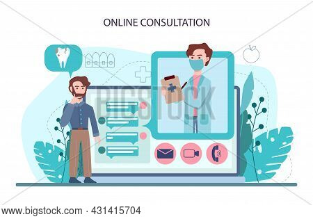 Dentist Online Service Or Platform. Dental Doctor In Uniform Treating