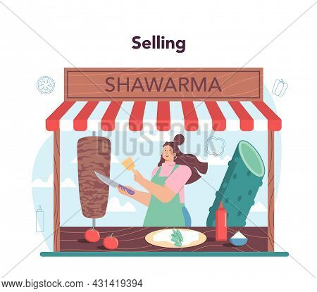 Shawarma Street Food Concept. Chef Cooking Delicious Roll With Mea
