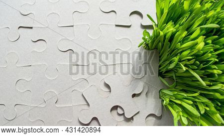 Background Of The Cardboard Puzzle Without Pattern. Bright Green Grass Grows Through It On The Right