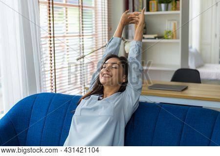 Cacusian Woman Take A Nap During The Daytime To Rest Their Eyes From Hard Work. Woman Relaxing On So