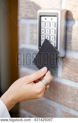 Attaching Card To The Electronic Reader To Access The Office Or Apartment, Close-up. Card Entry, Per
