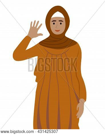 Heerful Muslim Woman Waving Hello. Greeting Gesture. Smiling Girl In In The National Muslim Clothes 