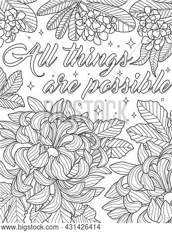 Big Beautiful Flower Drawing Growing At The Ground Under Insparational Message. Large Plant Line Dra