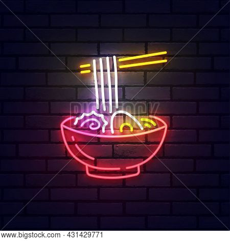 Ramen Neon Sign, Bright Signboard, Light Banner. Ramen Logo Neon, Emblem. Vector Illustration