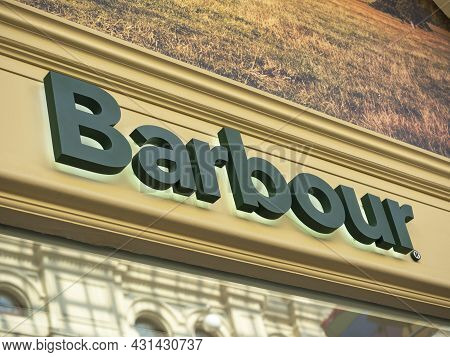 10.04.2021 Russia, Moscow. Close-up Of The Barbour Sign On The Store. An English Company That Produc