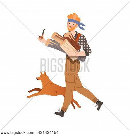 Redhead Bearded Woodman Or Lumberman In Checkered Shirt And Sling Pants Carrying Wood Walking With H