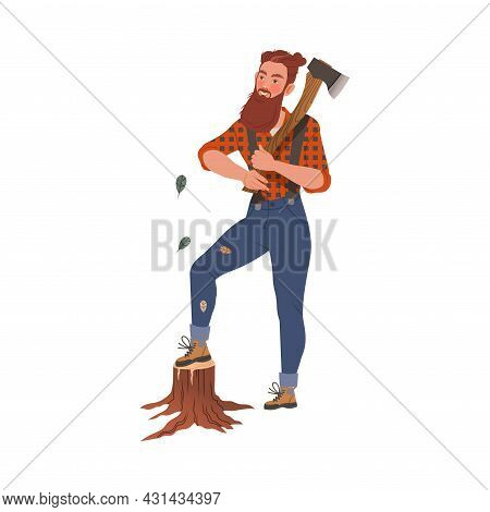 Bearded Woodman Or Lumberman In Checkered Shirt And Sling Pants Standing With Ax Vector Illustration