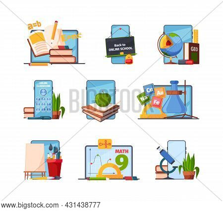 Education Tools. Back To School Items For Distance Education Smart Gadgets Of Students Learning Time