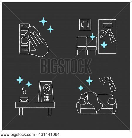 Surface Disinfection Chalk Icons Set. Tv Remote, Couch, Clinic And Cafe Disinfection. Safety Space A