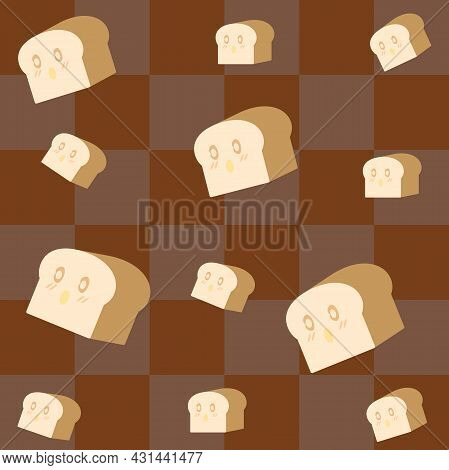 Seamless Pattern. Cute Cartoon Loaf Of Bread On A Dark Brown Checkered Background. For Making Apron,