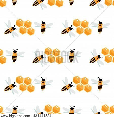 Summer Flat Cartoon Seamless Pattern With Honeyed And Bees. Creative  Kids Texture For Fabric, Wrapp