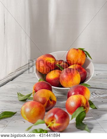 Peaches Scattered On The Table. Harvesting. Still Life. Selective Focus.