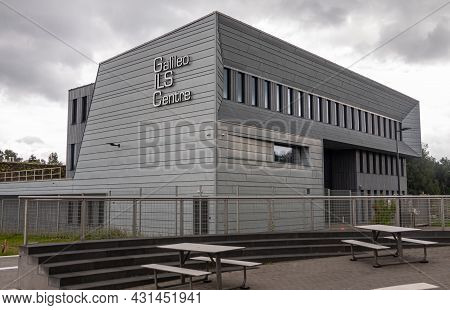 Transinne, Wallonia, Belgium - August 10, 2021: Euro Space Center. Gray Modern Galileo Integrated Lo