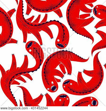Scary Horror Monsters Seamless Vector Textile Pattern, Beasts Creatures Endless Wallpaper, Stylish B