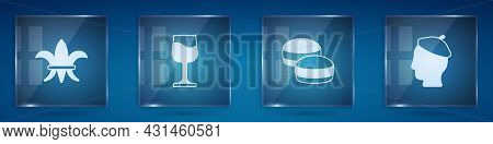 Set Fleur De Lys, Wine Glass, Macaron Cookie And French Man. Square Glass Panels. Vector