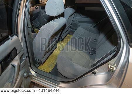 Novosibirsk, Russia - July 28, 2021: Chevrolet Lacetti, Rear Seat For Passengers In Black Textile