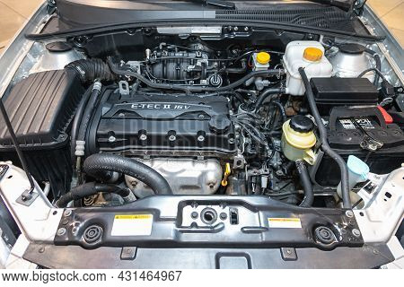Novosibirsk, Russia - July 28, 2021: Chevrolet Lacetti, Close Up Of A Clean Motor Block,  Internal C