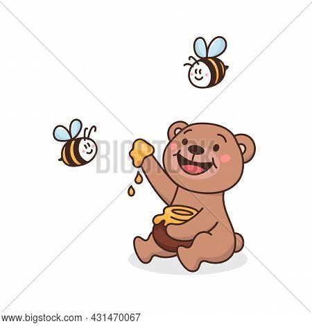 Cute Teddy Bear Eating Honey From The Pot. Adorable Brown Beast And Honeybee Friends. Childish Vecto