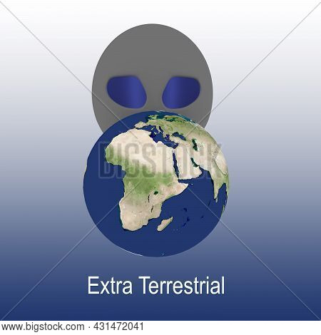 3d Illustration Of Extra Terrestrial Script, Under A 3d Model An Alient Head, Isolated Over A Blue G