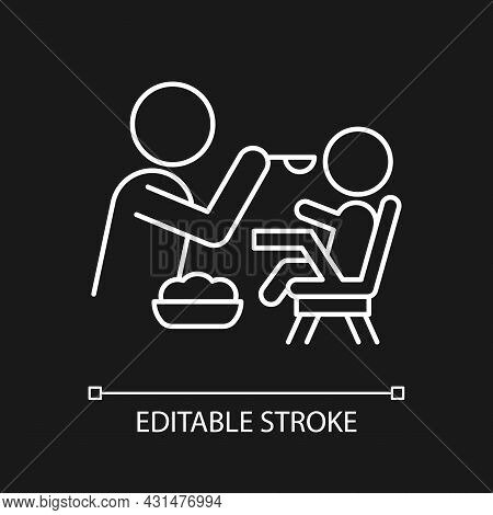 Feeding In Highchair White Linear Icon For Dark Theme. Bonding With Child During Mealtime. Thin Line