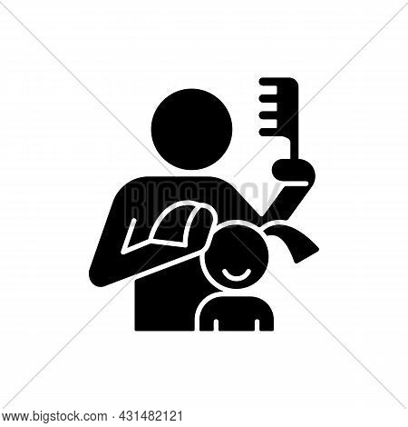 Braiding Daughter Pigtails Black Glyph Icon. Bonding Experience. Brushing Child Hair. Developing Clo