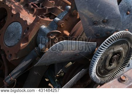Close-up Of Rusty Engine Of An Old Car With Big Ventilator